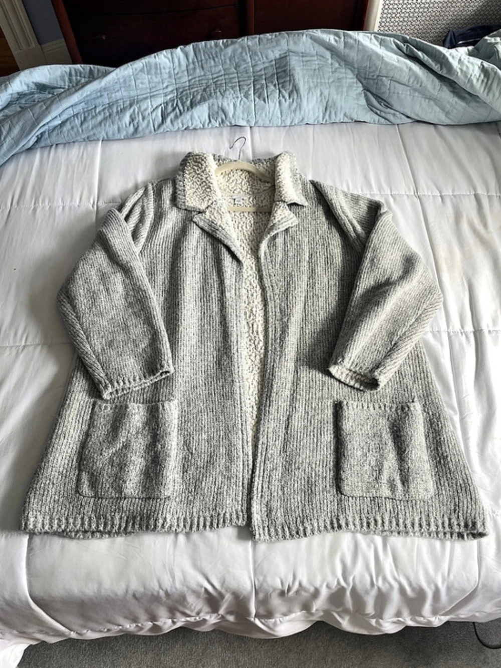 J.Jill Textured Sherpa Collar Cardigan in Gray & Cream